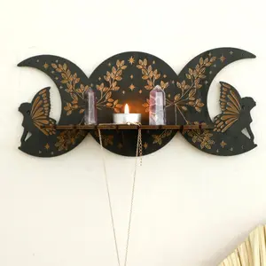 Moon & Butterfly Design Wall Shelf, Wooden Display Rack, Wall Mounted Storage Rack, Hanging Shelf for Living Room, Bedroom, Meditation Space, Decor