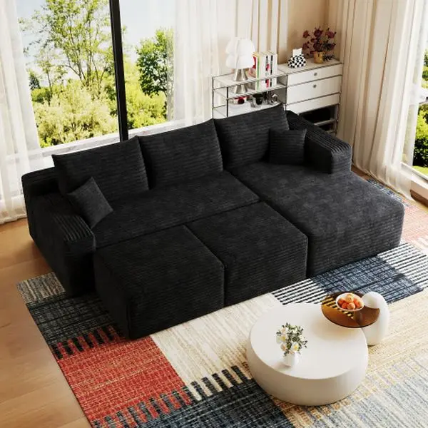 Niccae 95" Cloud Sectional Sofa with 2 Ottoman,Modern Minimalist Upholstered Couches, Comfort U Shaped Sofa for Living Room,Deep Seat Corner Couch,No Assembly Required(Plush Corduroy Fabric)
