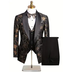 [3pcs Formal Suit] 3pcs Teenage Jacquard Suit Set | Blazer Vest Pants Black Floral Pattern Tuxedo For Prom Birthday Party Boys Formal Wedding Suit Graduation Set Shawl Collar Single Button Senior Dresses Suit
