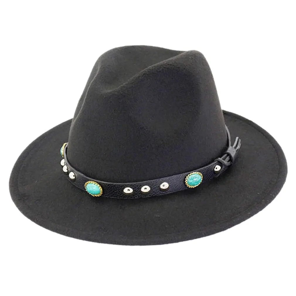 Wide Brim Fedora Hat Felt Panama Jazz Cap Unisex Men Women with Turquoise Strap