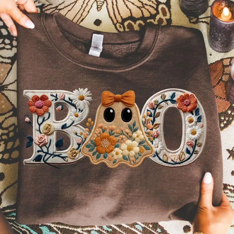 Preppy Ghost Boo sweater, Floral Spooky Coquette sweater, Boho Ghost Trendy Pumpkin