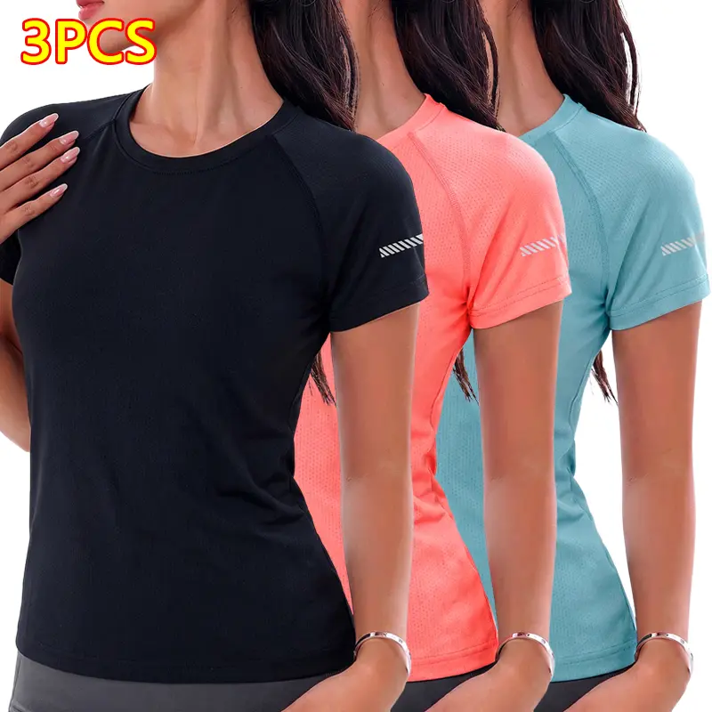 3-piece set women’s black crew-neck short-sleeve T-shirts, moisture-wicking, quick-drying, sporty casual style, perfect for running, training, fitness, outdoor activities, and everyday wear
