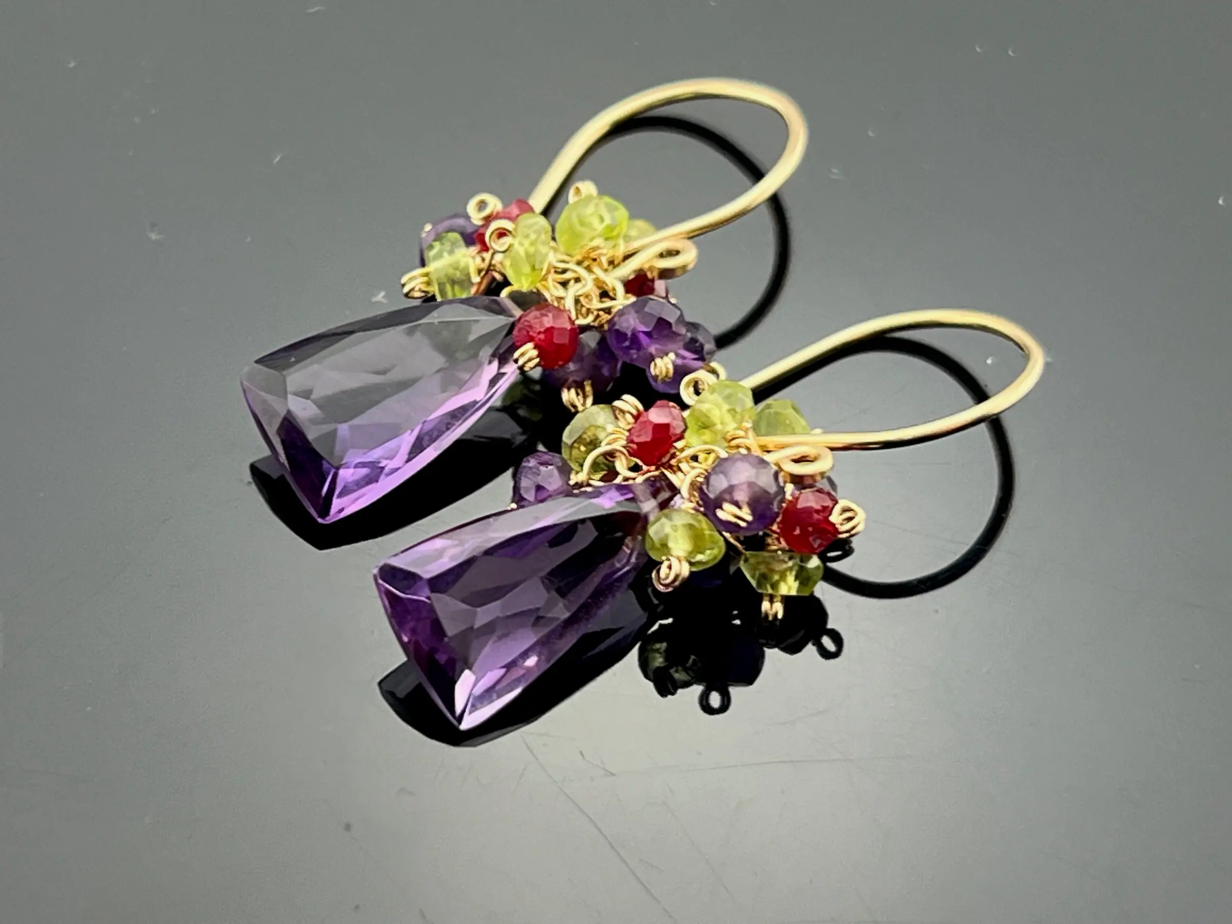 Amethyst Peridot Ruby Cluster Earrings • 14K Gold Filled or Sterling Silver • Dangle Gemstone Earrings • Gift for Her • Birthstone Jewelry