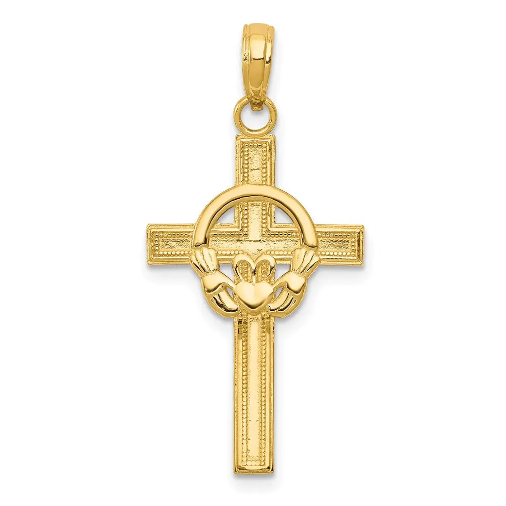14k Yellow Gold Polished Claddagh Cross Pendant