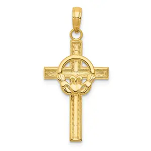 14k Yellow Gold Polished Claddagh Cross Pendant