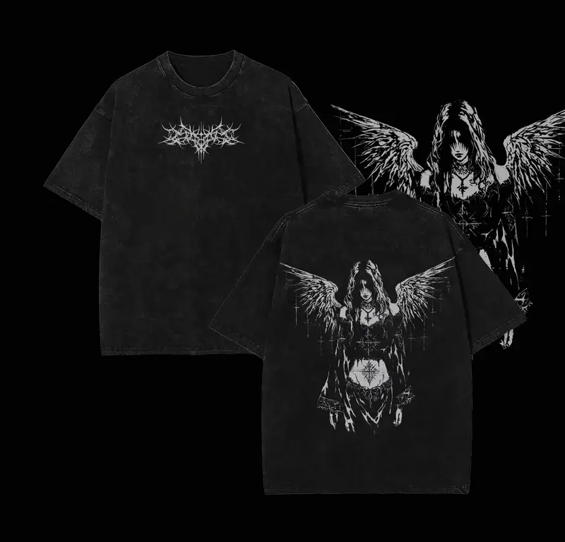 Y2K Gothic Angel Washed Hoodie, Sad Angel Tshirt – Dark Aesthetic Streetwear, 2k Clothing,Menswear Oversized Tops, gym,Clothing,Clothes gothic y2k,Vintage Mens