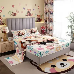 Red Panda Bed Sheet Set,Nature Wild Animal Cherry Blossom Sheet Set,Cute Flowers Leaves Yellow Heart Graffiti Bedding Set 1 Flat & 1 Fitted Sheet