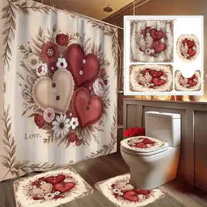 1/4pcs Retro Valentine's Day Heart Pattern Shower Curtain Set, including shower curtain, toilet seat cover, rectangular mat, and U-shaped mat. Perfect for bathroom décor, beautifying the space. Comes with 12 shower curtain hooks.