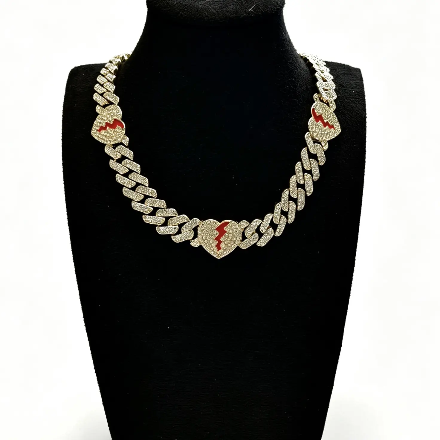 Men's 14mm Full Paved Rhinestone Cuban Link Chain Necklace, Red Inlay Broken Heart Charm, Hip Hop Statement Costume Jewelry for Club, Party Wear Outfits