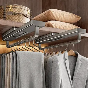 Space Aluminum Material Home Suction Cup Wardrobe Hanger Multifunctional No-Drill Retractable Cabinet Clothes Pants Storage Magic Tool Organiser Hanging