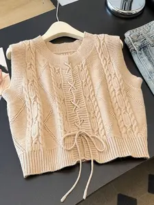 Women's Spring & Fall Knitted Belted Casual Short Vest Top, Slim-Fitting Fashionable Versatile Elegant Pure Color Outerwear