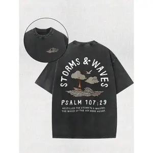 Washed-Out Storms Faded Away, Sea Water Flooded God's Psalms 230g Batik Double-Sided Printed Short-Sleeve T-Shirt, Vintage Washed Casual Home Wear, 100% Cotton T-Shirt, Outdoor Sports Loose Fit, Sweat-Absorbing And Breathable, Valentine's Day