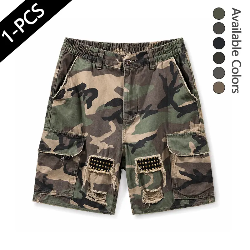 After washing, the waistband will shrink slightly. Men’s camouflage cargo shorts without rear pockets—distressed look with rips, studded patches, raw hem, multiple pockets, loose casual fit, mid-thigh length. Please order according to the size chart.