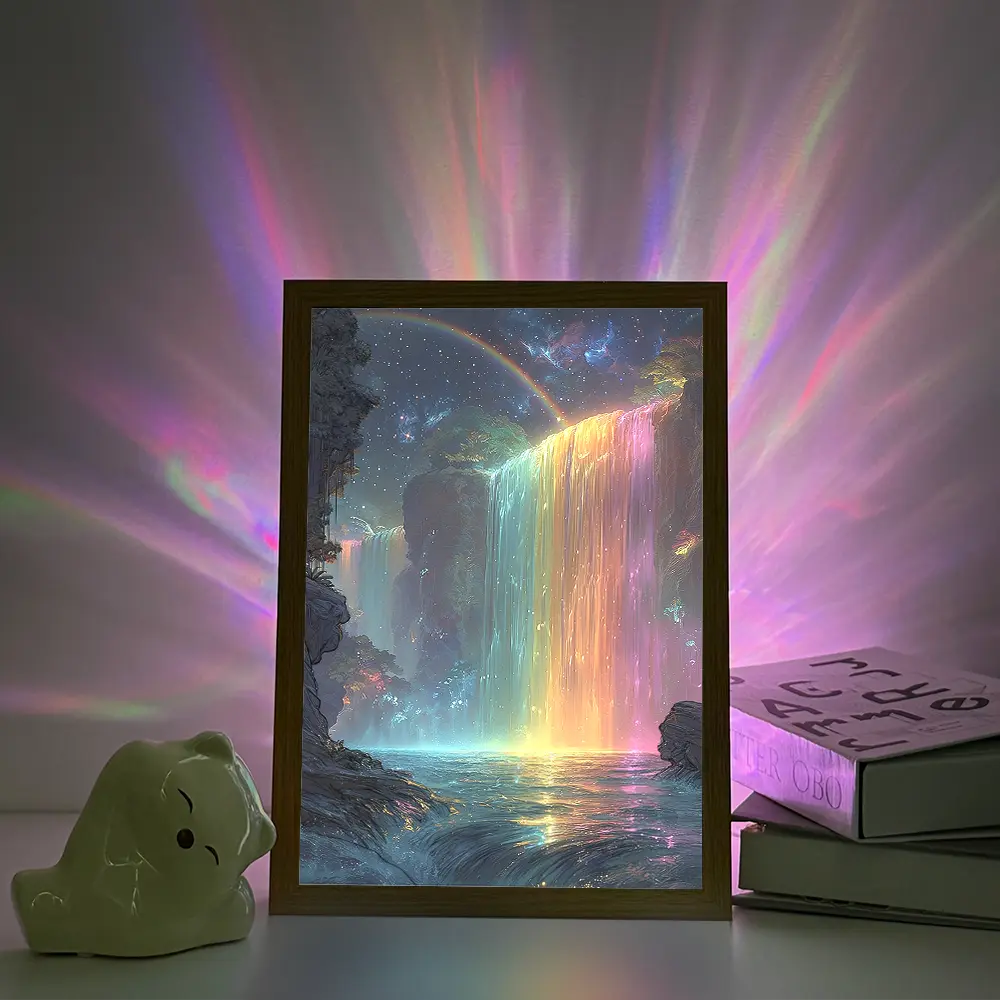LED Light Painting Wall Night Lamp - Glowing Rainbow Waterfall, Starry Nebula Sky, Vibrant Fantasy Jungle Illustration Frame, USB-Powered, Adjustable Tone, Decorative Art, PP, Bedroom Decor, Gift Idea for Dreamy Art Fans