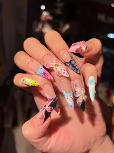 3D Floral Press On Nails | Colorful French Tip Stiletto Design | Hand Painted Statement Set