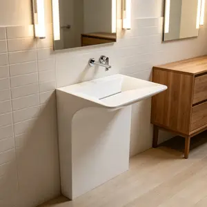 Luxury Modern Pedestal Sink, Modern Solid Surface Freestanding or Wall-Mount Basin with Drain Assembly, pedestal sinks for bathrooms，One-Piece Floating Bathroom Vessel Sink with Hidden Linear Drain, White, for Small Bathroom & Powder Room