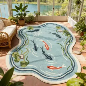 New Oriental Koi Pond Irregular Shape Rug, Super Soft Rug, Balcony Sunroom Natural Plush Mat, Lotus Leaf Water Grass Fish Pattern Home Decor Non-Slip Thick Pad, Decorative Rug