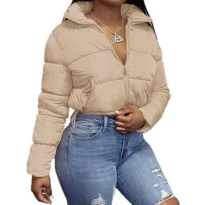 Lannew Womens Cropped Lightweight Quilted Jackets Full Zipper Warm Coats Winter Stand Collar Drawstring Outerwears Clothes Womenswear