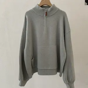 Half-Zip Stand Collar Thick Knit Sweater Loose Solid Color Long Sleeve Knitwear