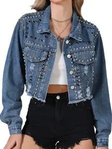 INSPIRE CHIC Jean Jacket Women's Rocker Party Rhinestones Denim Jacket