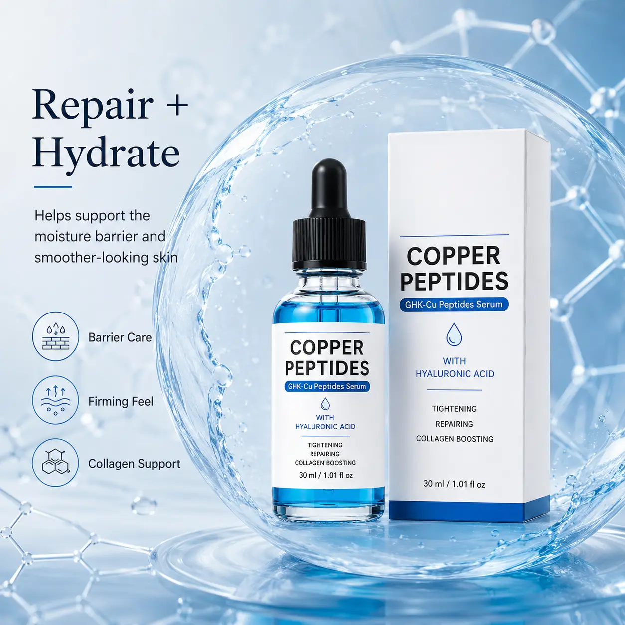 HOYGI Copper Peptides Serum 30ml - Alcohol-Free Daily Face Serum with GHK-Cu, Hyaluronic Acid, Lightweight Texture, Plumping Hydration, Hydrating Moisturizer, Non-Sticky Finish (Apply Daily for All Skin Types), Hydrate, Plumps Skin