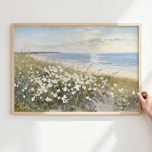 Wildflowers by the Sea Beach Wall Art | Coastal Horizontal | Summer Ocean View Painting for Coastal Cottage Décor
