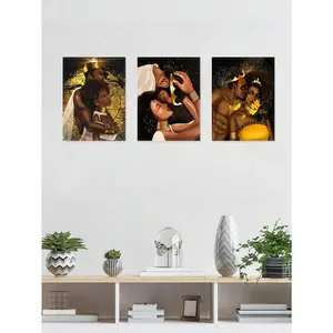 3pcs Modern Wall Art, Golden Decorative Artwork, Lovers Print Posters, Illustration Canvas Artwork Paintings, Elegant Wall Art, Classic Paintings, Room Aesthetic, Home Decoration, Ideal Gift