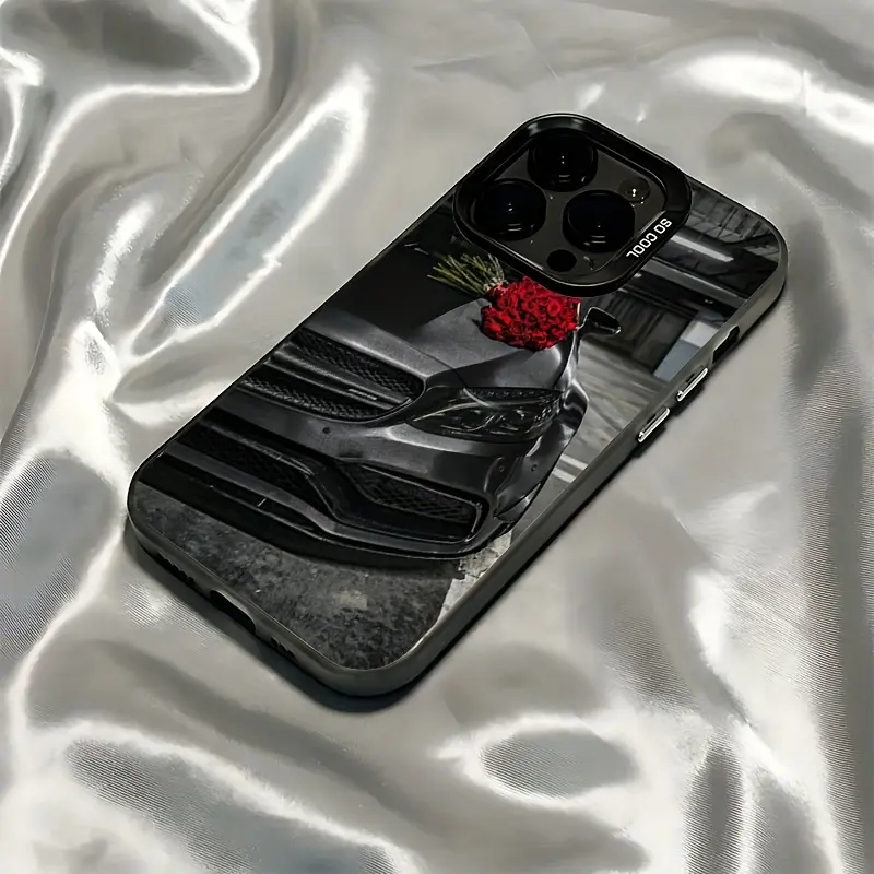 Phone Case: Black Sports Car with Rose Photo Design Phone Case, Suitable for iPhone 16, 15, 14, 13, 12, 11 Pro Max, X, XR, XS Max, 8, 7 Plus, Anti-Drop Matte Back Cover