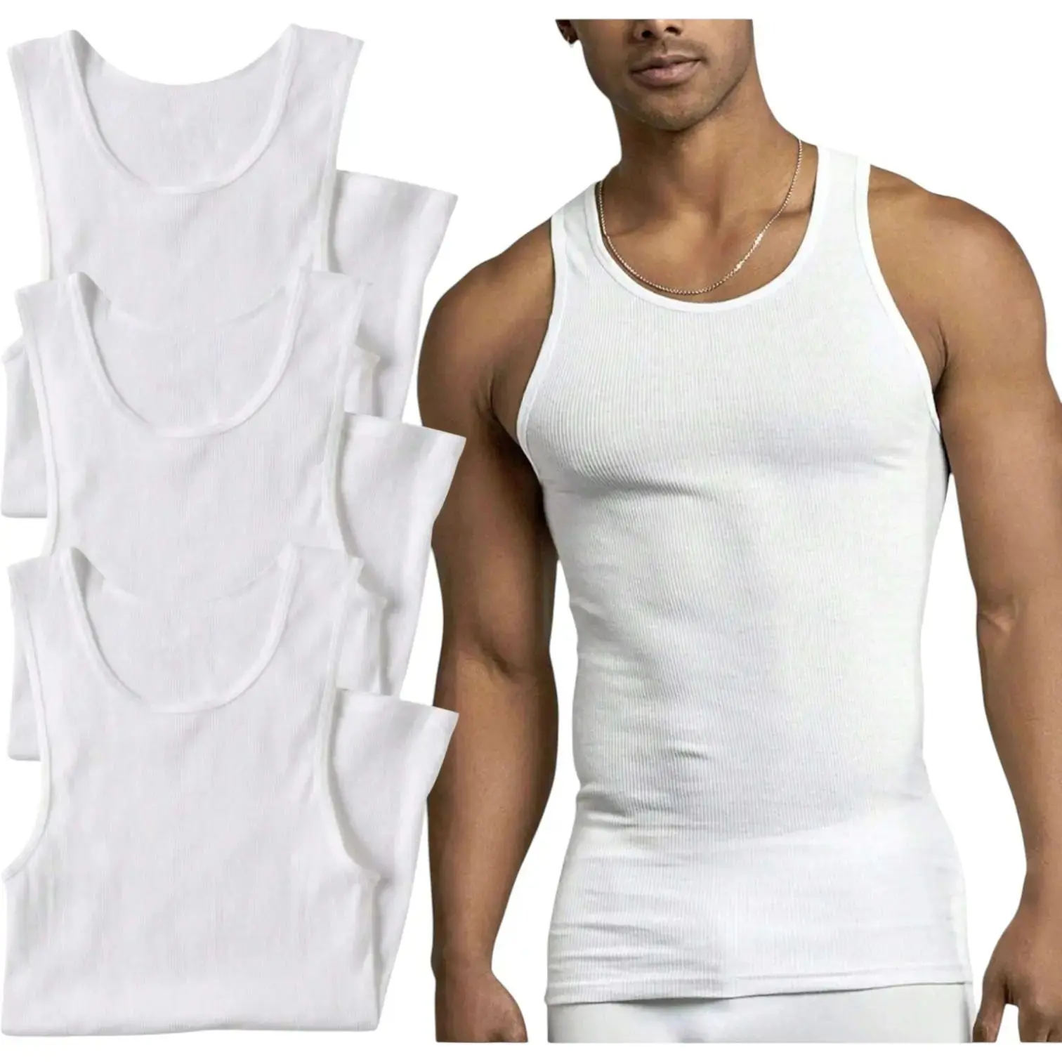 Men's Multi-Pack of 100% Preshrunk White Cotton Lightweight Tank Top Undershirts