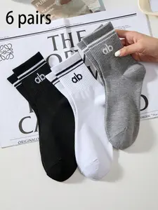 Men's 6 Pairs Soft Comfortable Breathable Sweat-Absorbing Mid-Calf Sports Socks, Casual Striped Letter Pattern, Ideal for Daily Wear