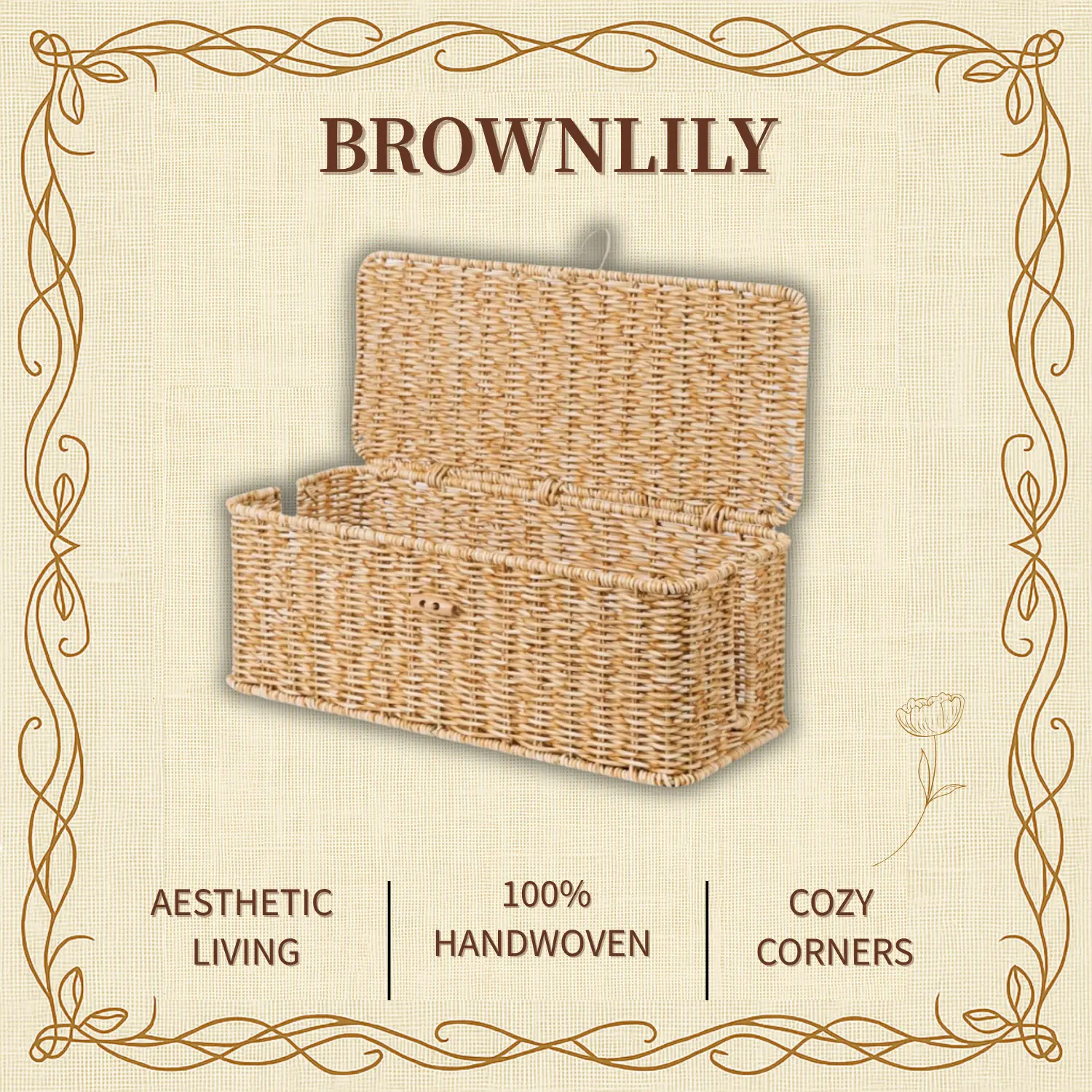 BROWNLILY Rattan Cable Management Box and Wicker Cord Organizer, Toilet Tank Top Shelf Rattan Decor Cable Hider for Under Desk, TV & Home Office Storage, with Lockable Lid, Baby Proof, Pet Proof, Power Strip & Outlet Cover