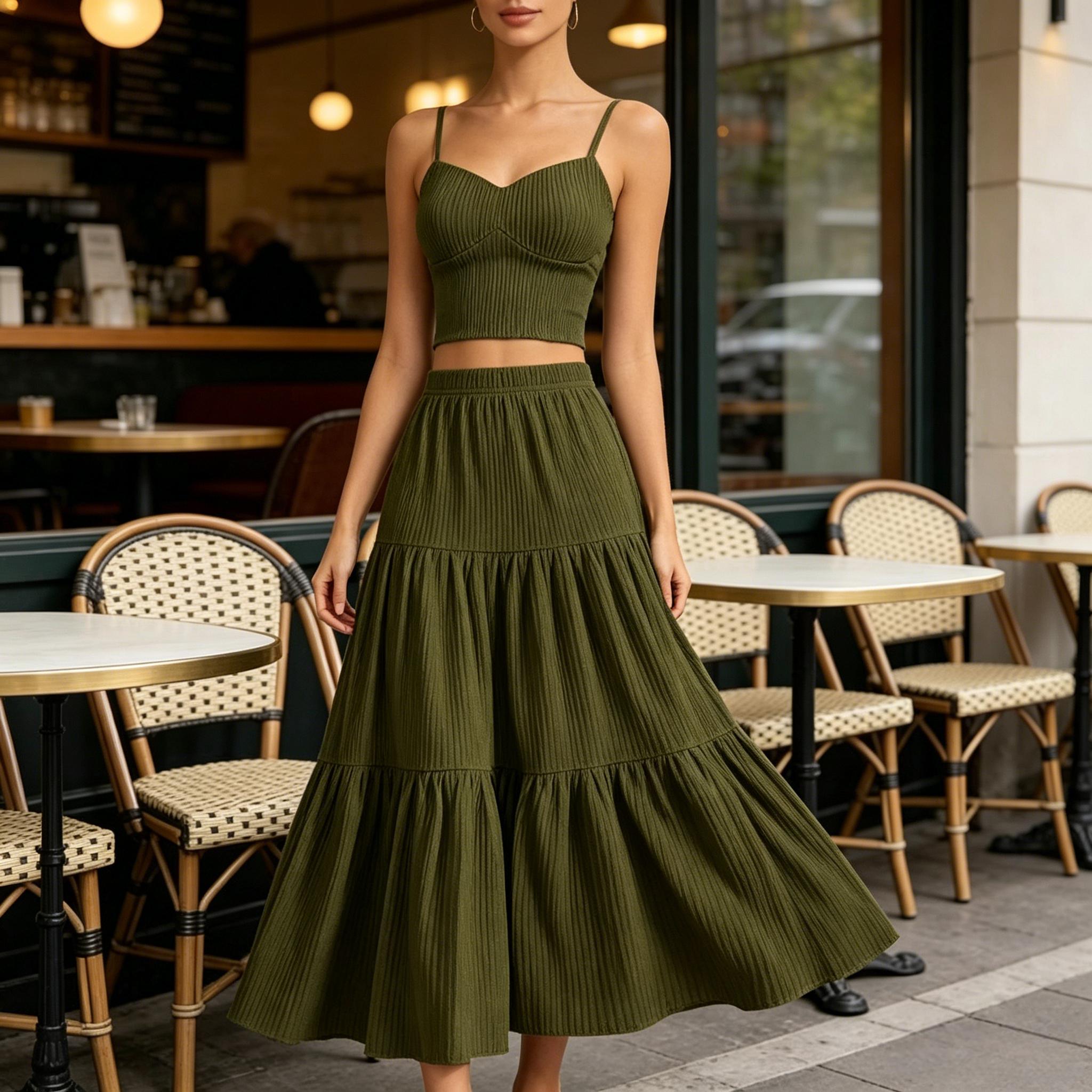 Women's Solid Crop Cami Top & A-Line Skirt Two-piece Set, Casual Fashion Cozy Outfits for Daily Outdoor Wear, Ladies Clothes for Summer