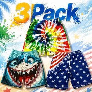 Three-piece men's quick-dry beach printed shorts with shark and national flag tie-dye, breathable mesh, elastic drawstring, European and American style, casual