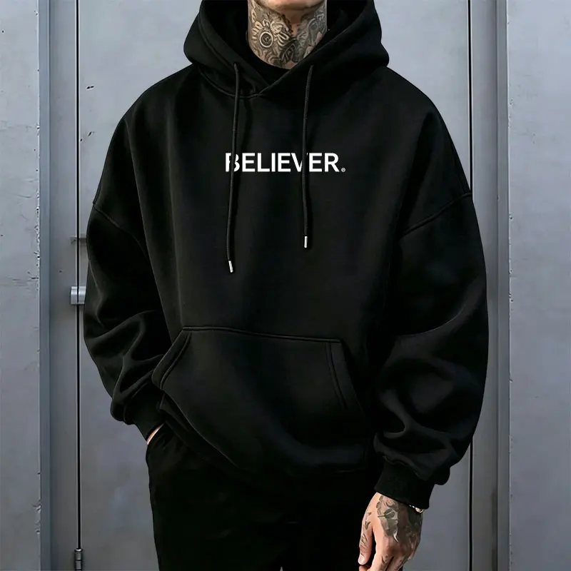 Minimalist BELIEVER letter-print hooded sweatshirt, American basic style, loose oversized fit with dropped shoulders, casual pullover hoodie for men and women