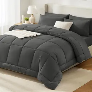 Queen Comforter Set Dark Grey, Luxury Soft Bed in a Bag, Dark Gray Bed Set Queen Size 7 Pieces, All Bedding Sets with Comforter, Flat Sheet, Fitted Sheet & Pillowcases