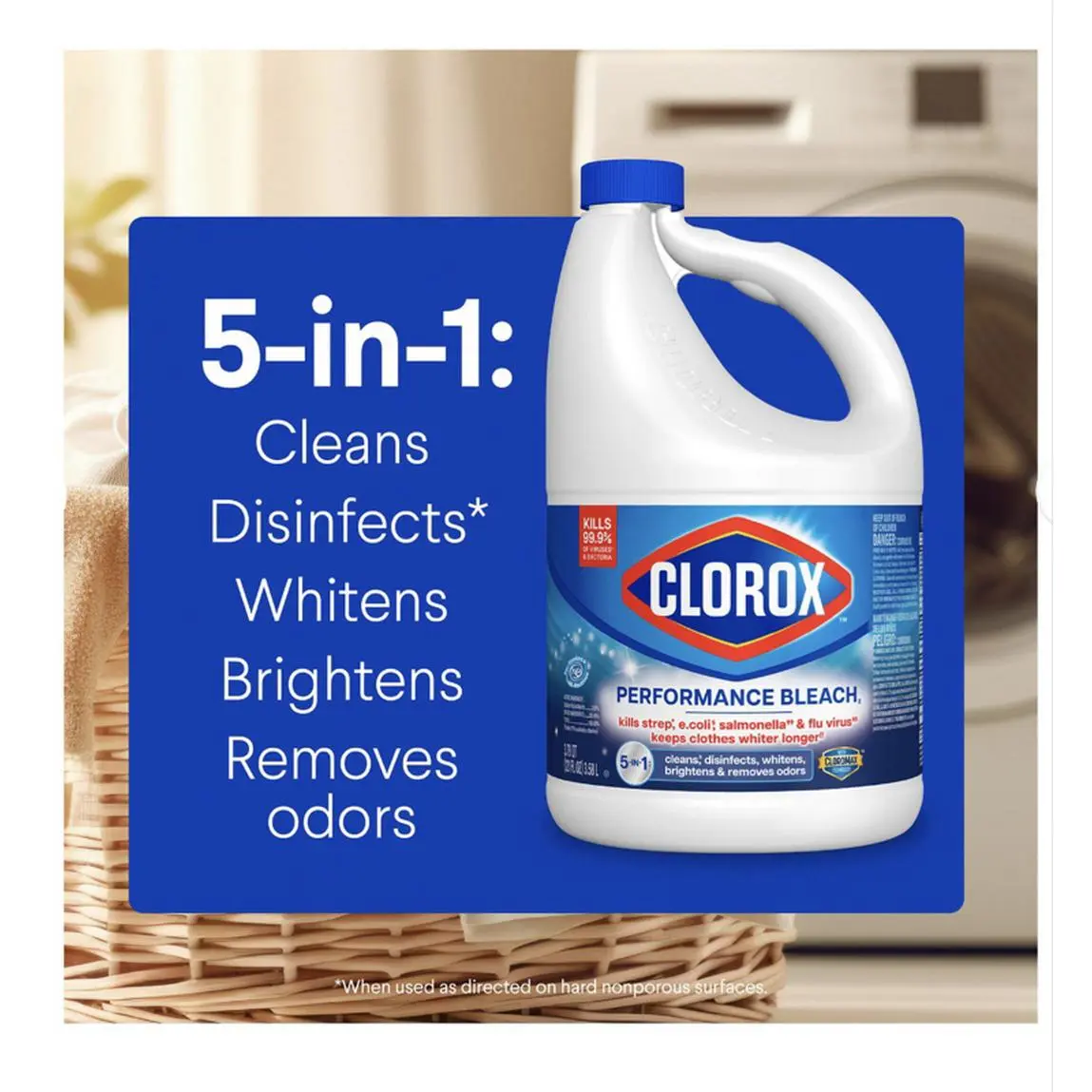 Clorox 5-in-1 Performance Bleach - Cleans Disinfects Whitens Brightens Removes Odors - 5L Bottle