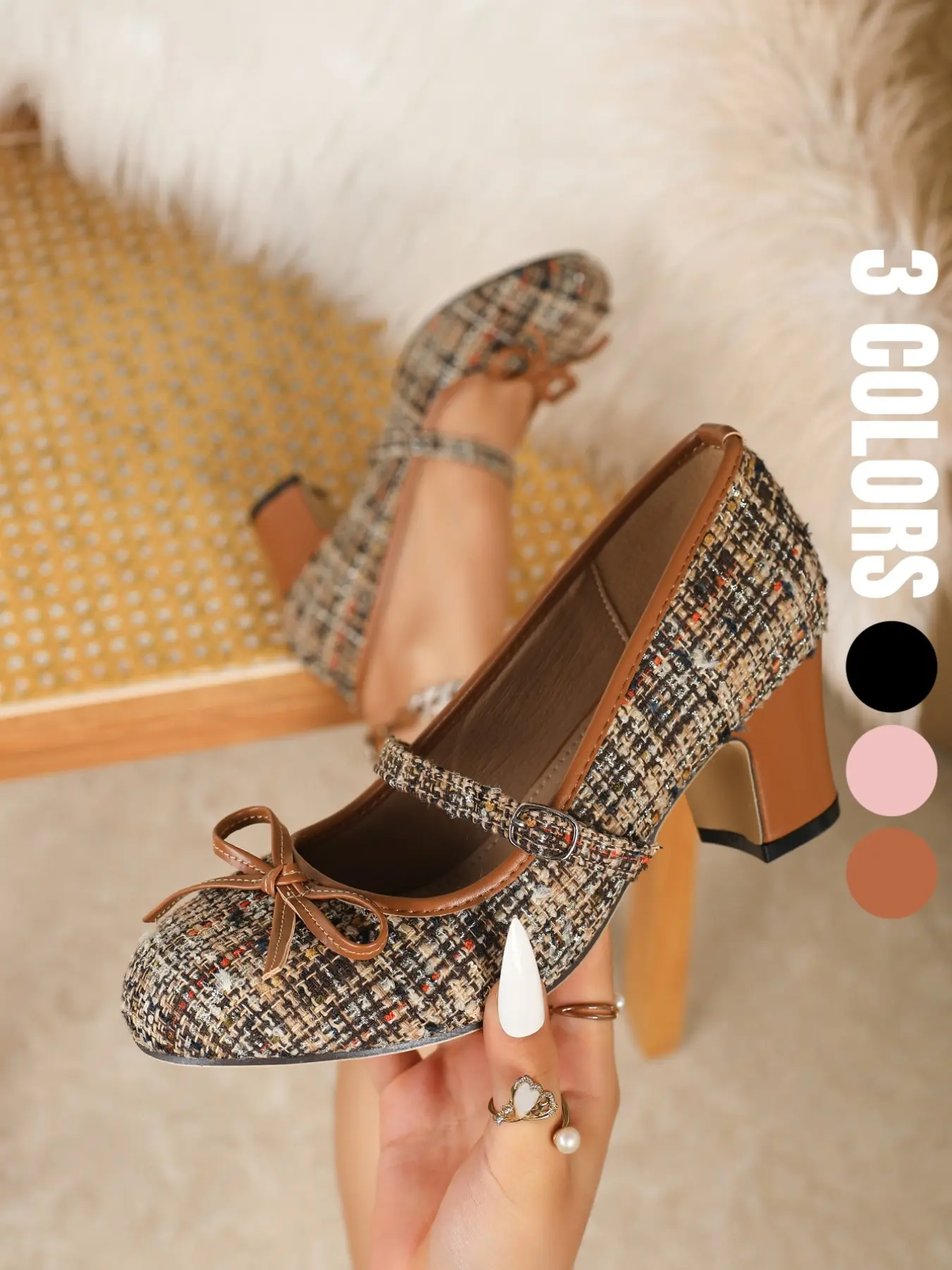 Spring summer styles, Elegant party footwear, single strap with pin buckle for easy wear, bowknot, woven round toe, thick heel, rubber sole, retro, Stylish, available in pink and brown, women's Mary Jane high heels, weddings/parties/Christmas/Work/Date