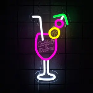 Cocktails Neon Sign Drinks LED Signs Cocktail Glass Shaped Neon Lights LED Drinking Signs Martini Light Up Sign for Wall Decor Man Cave Wine Glass Light for Bar Shop Night Club