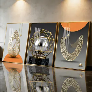 3Pcs Aluminum Alloy Framed Painting, Geometric Abstract Gold Sculpture Art Picture, Home Decoration For Living Room, Bedroom, OfficeWall Decor, Odorless Print Artwork, Luxury Perfect Gift For Friends And Family