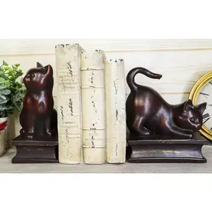 Sitting And Crouching Feline Cat Resin Bookends 7" Tall Abstract Cat Statue Set