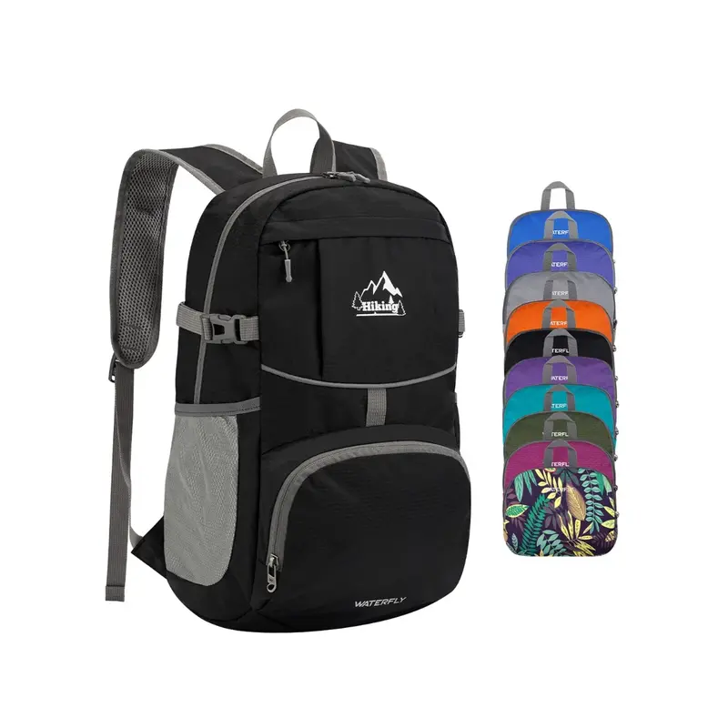 WATERFLY Unisex 25L Packable Eco Nylon Planet-Kind Backpack - Durable Outdoor Hiking Gear, Built for Hiking Travel Cycling, Foldable Size, Reflective Pattern, 2 Mesh Side Pockets, Adjustable Straps, Whistle Safety