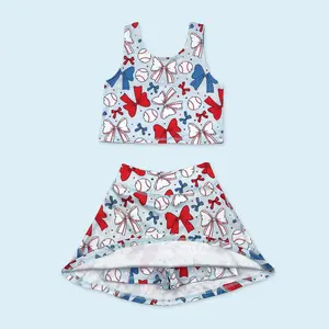 Red blue bow girls active wear athletic wear set