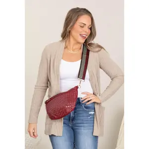 Oatmeal Hacci Ribbed Cardigan With Pockets