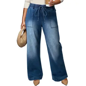 Eytino Plus Size Jeans,High Waisted Straight Leg Stretchy Drawstring Wide Leg Denim Pants for Curvy Women(Sizes 14-32)