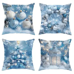 4pcs,Christmas Decorative Pillow Covers, Blue Christmas Tree, Bells and Wreath Patterns, Home Décor Products, Cushion Cover Decoration for Couch Sofa, Room Decor and Bedroom Decor, Single Sided Printing, No Pillow Core