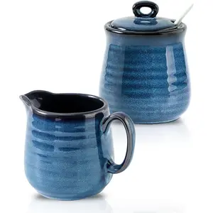 Ceramic Sugar and Creamer Container Set of 3, 10 Ounce Cream Pitcher, 11 Ounce Sugar Bowl with Lid and Spoon, Farmhouse Coffee Bar Accessories, Microwave & Dishwasher Safe, Blue