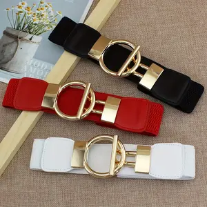3pcs/set Elastic Round Buckle Belts Classic Solid Color Wide Waistband for Women Daily Use in Red Black & White Band width 1.6in Strap length 25.6in