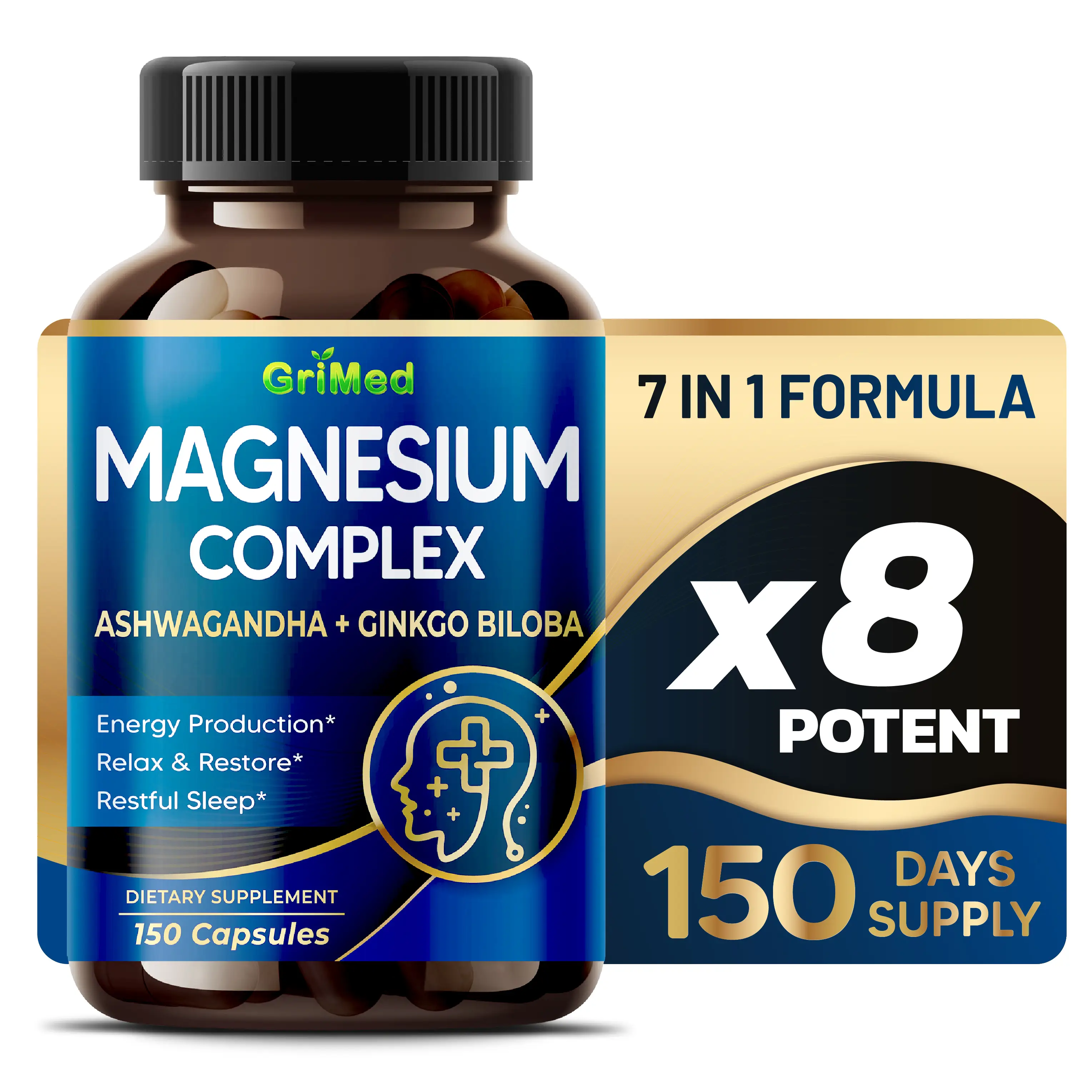 Magnesium Complex Supplement - x8 Power with Ashwagandha + Ginkgo Biloba - Relax & Restore, Restful Sleep - USA Made & Tested - 150 Days Supply