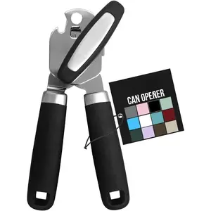 Heavy Duty Stainless Steel Can Opener - Smooth Edge Manual Opener with Bottle Opener - Soft Ergonomic Handle & Oversized Knob for Easy Use - Rustproof Kitchen Tool (Black)