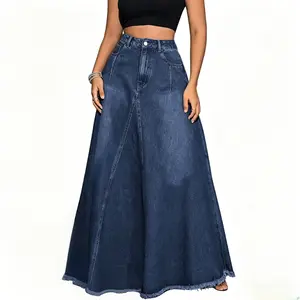 Loveimgs Women's Washed Denim Maxi Skirt — Vintage Distressed Style, High-Waisted A-Line Cut with Raw Hem (With Pockets)